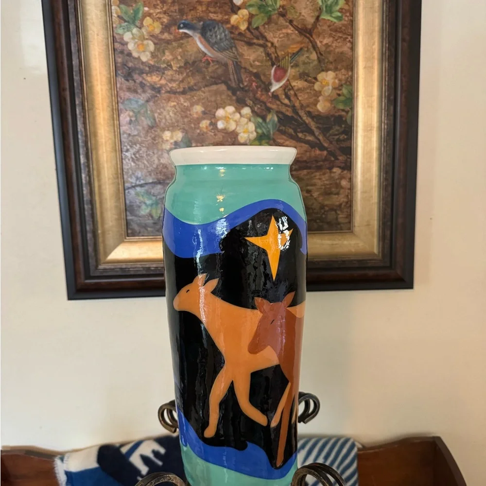 Vintage 15”Tall Signed Celestial Kadisak blue + green Wilderkind glazed vase.